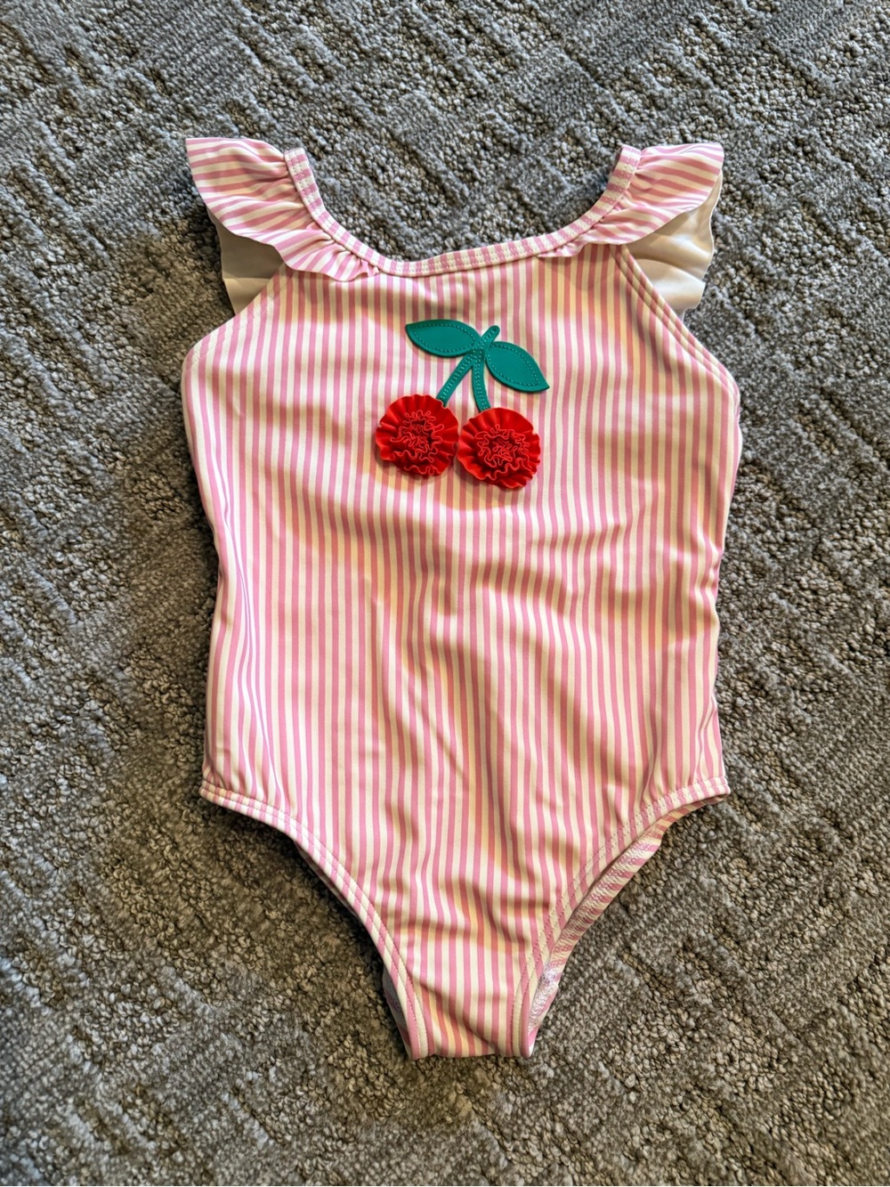 Mini Boden Girls Pink Stripe Cherry One-Piece Swimsuit